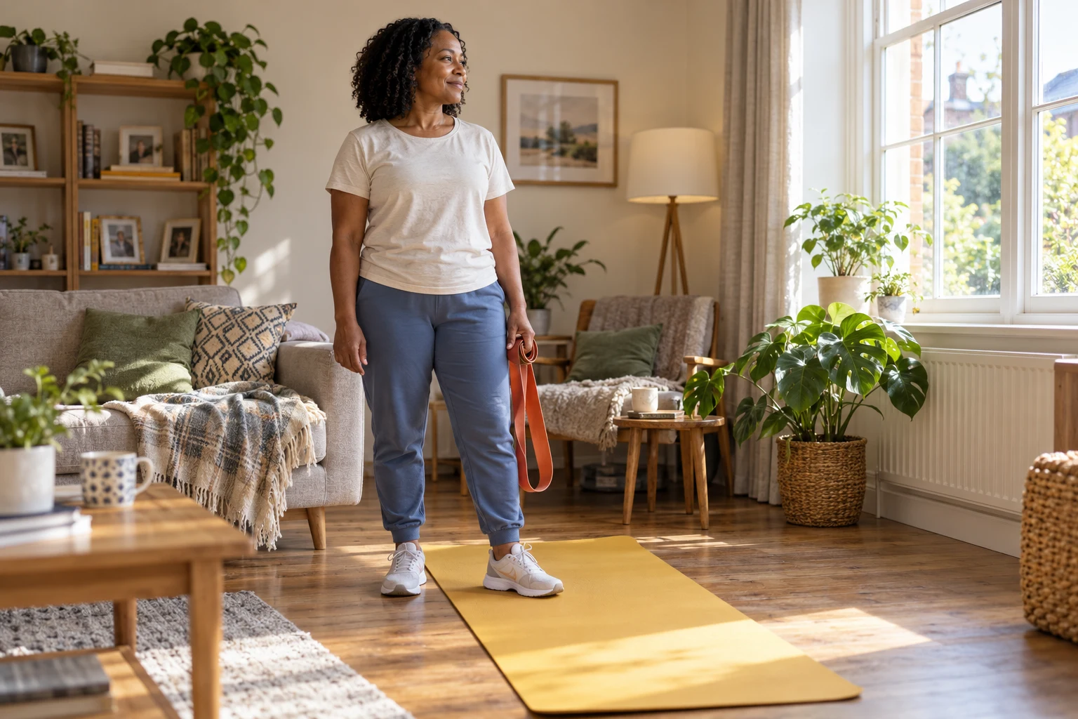 Woman preparing for home exercise beside a mat, holding a resistance band; AI-generated illustration.