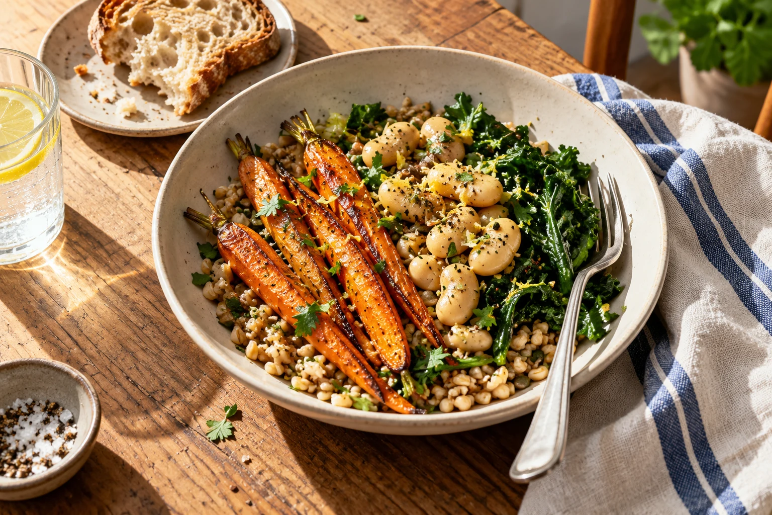 Bowl of roasted carrots, beans, grains and leafy greens beside bread; AI-generated food illustration.