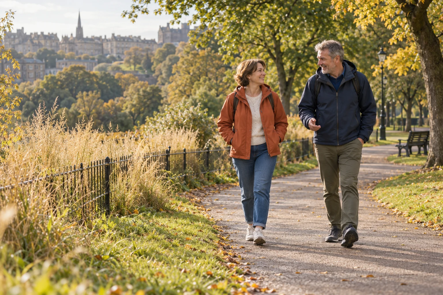 Two adults walking together on a sunny park path; AI-generated illustration.